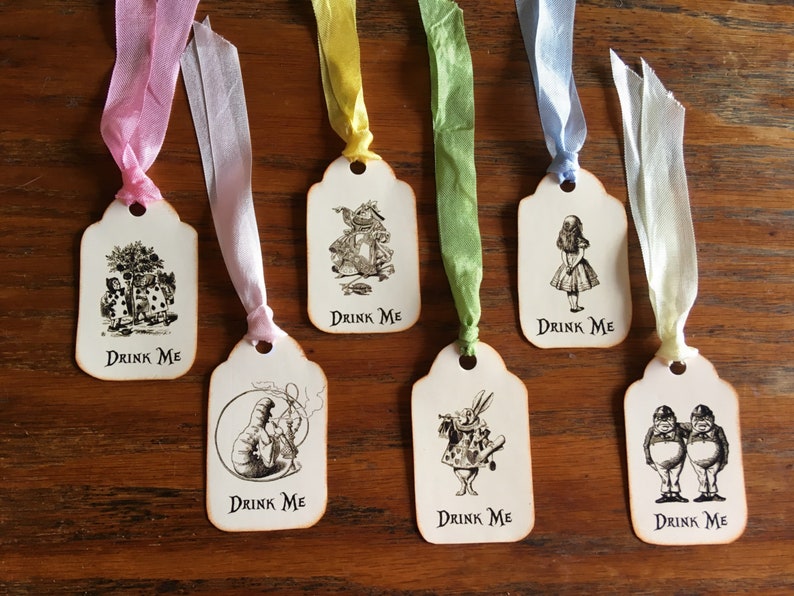 Alice in Wonderland Eat Me, Drink Me, Take Me, Open Me 12 party tags vintage inspired ribbon image 3