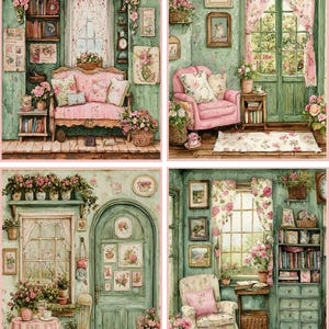 8 Doll House Vintage Victorian Shabby Chic Glossy Blank fold out note cards with envelopes and organza bag