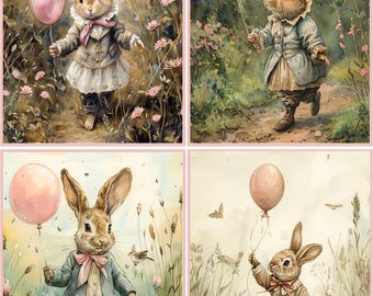 8 Bunny Rabbit Vintage Victorian balloon Birthday glossy fold out blank note cards with envelopes and organza bag