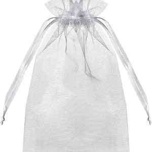 May include: A sheer, silver-colored organza gift bag with a drawstring closure. The bag is made of a delicate, translucent fabric and features long, thin ribbons for tying. The bag is designed to hold small gifts or favors.