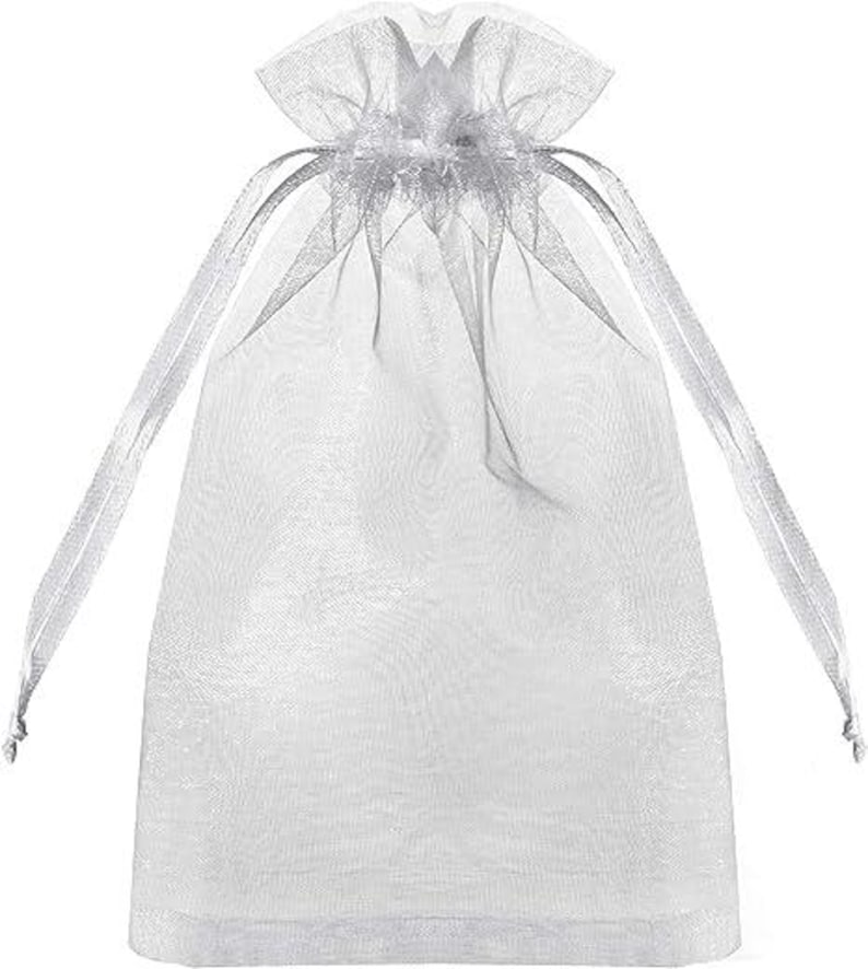 May include: A sheer, silver-colored organza gift bag with a drawstring closure. The bag is made of a delicate, translucent fabric and features long, thin ribbons for tying. The bag is designed to hold small gifts or favors.