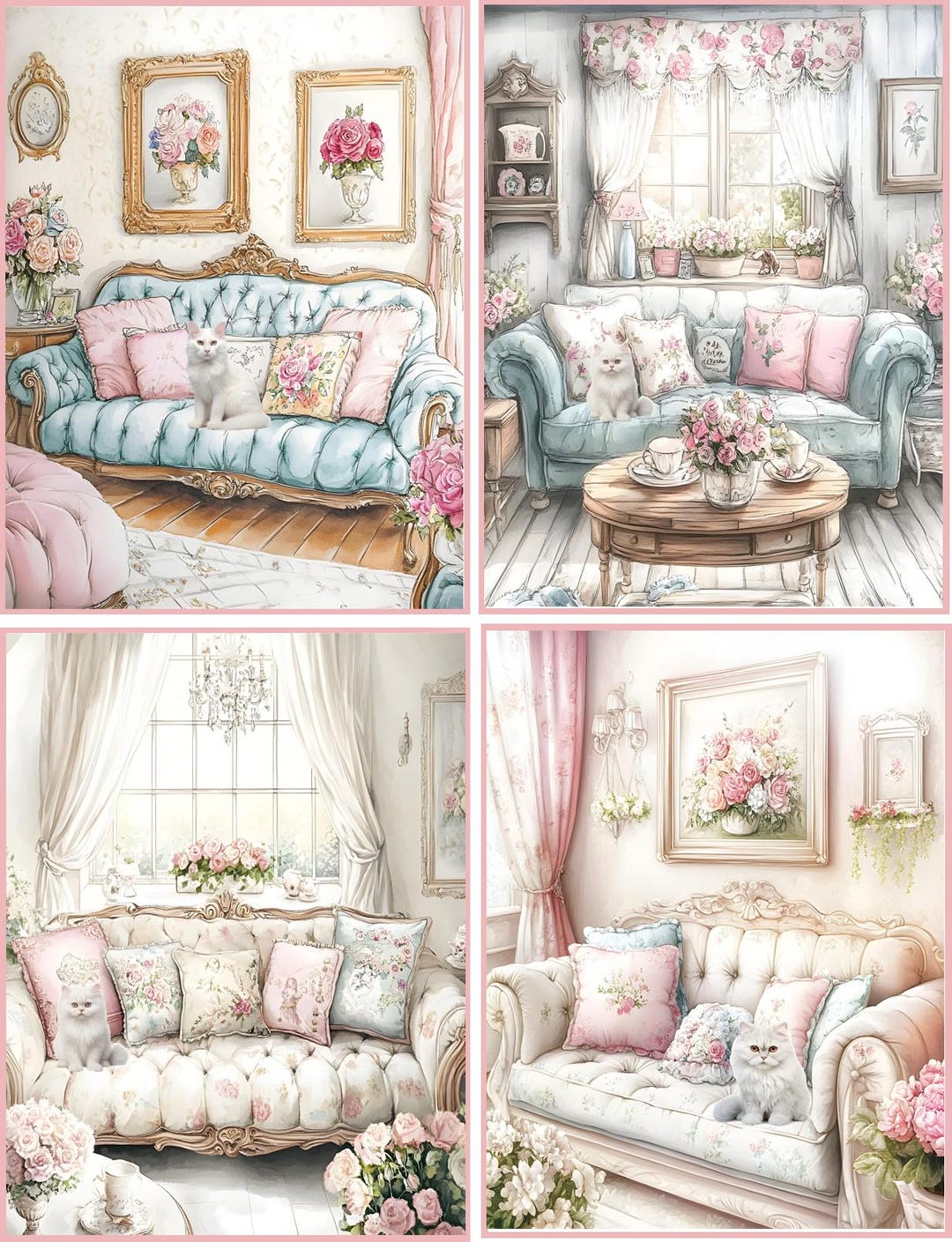 8 Shabby Chic Cat Kitten Living Room Glossy Blank Fold Out Card With ...