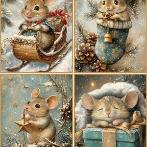 May include: Four charming illustrations of mice in winter scenes. One mouse is in a sleigh, another in a stocking, a third holding a star, and the last resting on a gift box. The images have a snowy background and festive decorations.