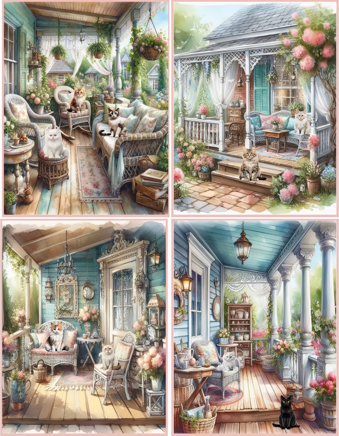 8 Cat Kitten Shabby Chic Vintage Country Porch Glossy Blank Note Cards ...
