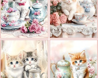 8 Cat Kitten Shabby Chic tea cups tea party tea pot blank glossy fold out note card w/envelopes and organza bag stationery