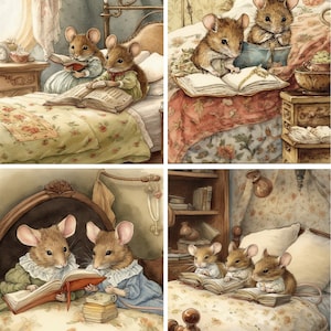 May include: Four illustrations of mice reading books in beds. The mice are wearing dresses and are sitting up in the beds. The beds are all made with floral patterned bedding. The illustrations are in a watercolor style.