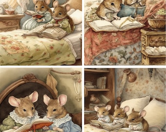 Mice Mouse Reading Books Vintage Victorian 8 glossy blank cards envelopes and organza bag set 1