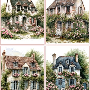8 Cat Kitten French Cottages Shabby Chic Vintage glossy blank note cards envelopes