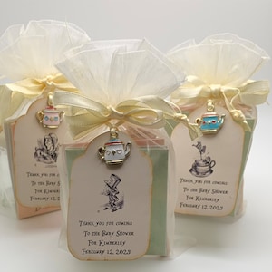 Alice in Wonderland 6 Baby Shower party favors with personalized tag and teapot charm 1 tea bag envelope and honey dipper