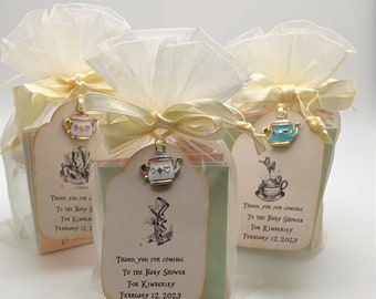 Alice in Wonderland 6 Baby Shower party favors with personalized tag and teapot charm 1 tea bag envelope and honey dipper