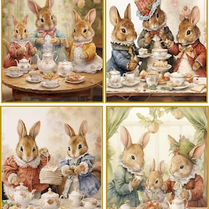 8 Bunny Rabbit Vintage Victorian Tea Party Fantasy Whimsical glossy fold out blank card with envelopes and organza bag