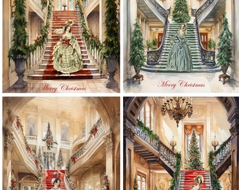 Christmas 8 Jane Austen Victorian staircases blank inside glossy red envelopes