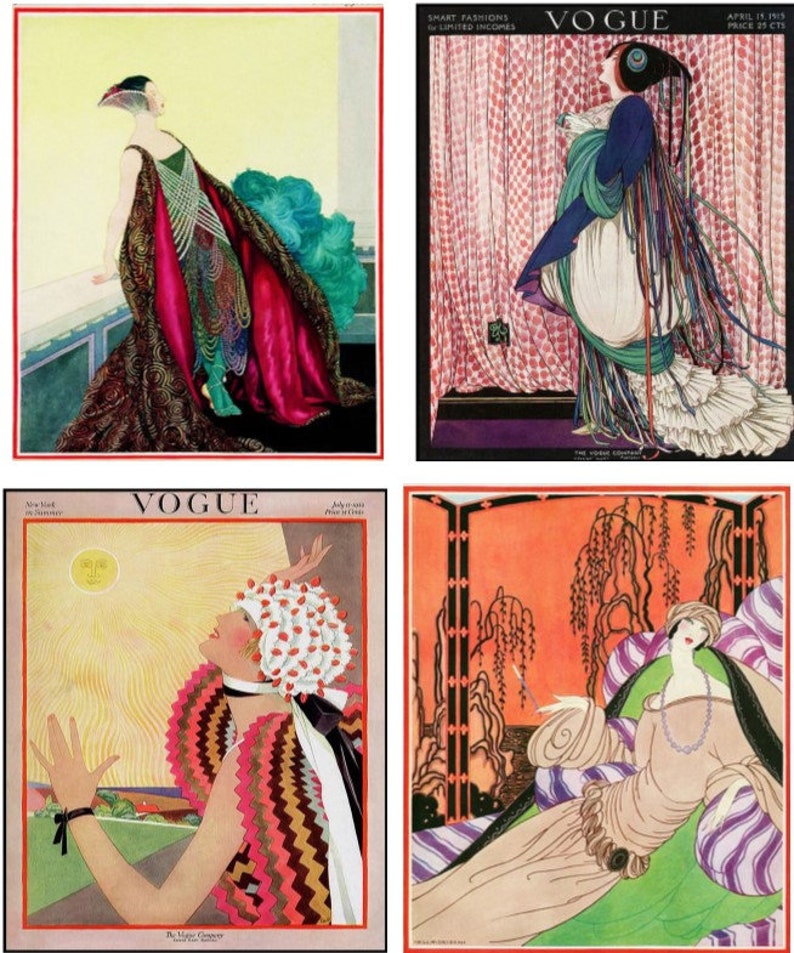 May include: Four vintage Vogue magazine covers featuring illustrations of women in Art Deco style fashion. The covers are from April 1923, July 1923, and July 1923. The covers feature a woman in a long, flowing gown, a woman in a white dress with a blue and green scarf, a woman in a white dress with a white hat, and a woman in a long, flowing gown.