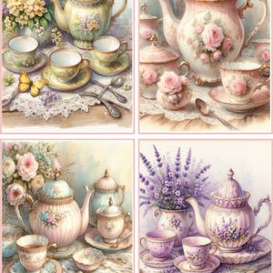 May include: A collage of four images showcasing vintage tea sets. Each set includes a teapot, teacups, and saucers, with floral designs in pastel colors. Decorative spoons and lace tablecloths complete the elegant arrangement.