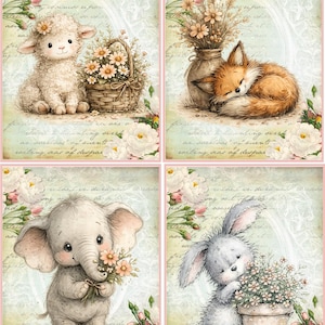 May include: Four whimsical illustrations featuring adorable animals. A lamb with a flower crown sits beside a basket of daisies. A sleeping fox rests near a vase of dried flowers. An elephant holds a bouquet, and a bunny leans on a flower pot.