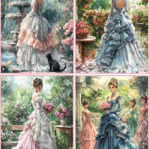 May include: Four panels of a digital painting featuring women in elaborate, layered gowns. The gowns are in shades of pink, blue, and white, set in a garden with flowers, fountains, and butterflies. A black cat is in one panel.