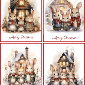 8 Christmas Bunny Rabbit Family House blank glossy with envelopes