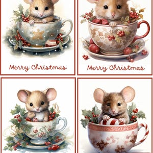 8 Christmas mouse mice in cup Christmas cards fantasy glossy blank with red envelopes