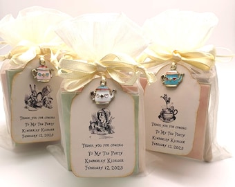 Alice in Wonderland 6 personalized tea party favors with tea 1 bag envelope organza bag and honey dipper