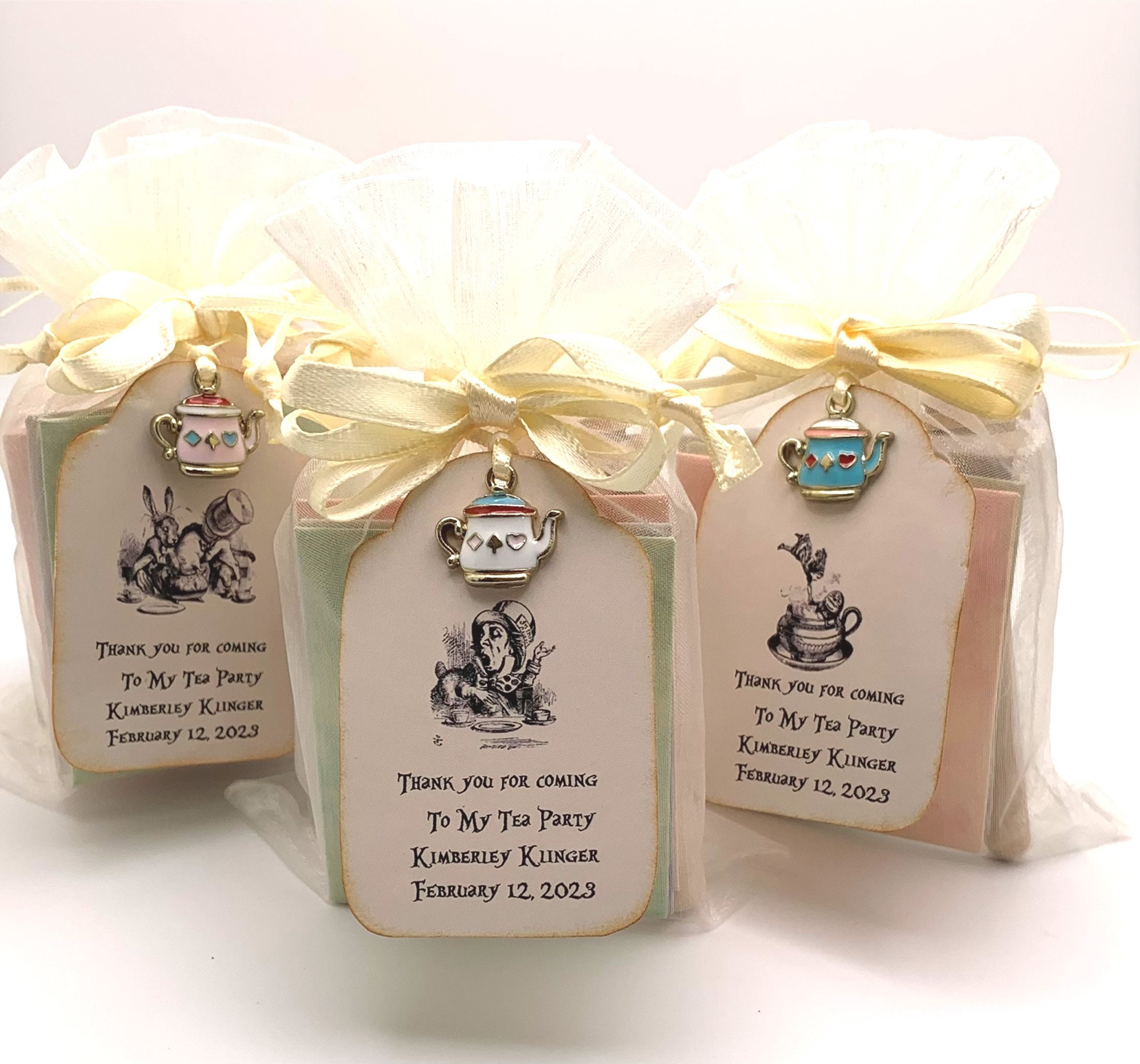 Alice in Wonderland 6 personalized tea party favors with tea bag envelope organza bag and honey dipper