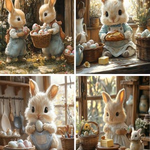 May include: Four images of cute, fluffy bunnies in different settings. The first image shows two bunnies holding baskets of colorful Easter eggs. The second image shows a bunny holding a loaf of bread. The third image shows a bunny holding an egg. The fourth image shows a bunny holding a pitcher and a small bunny figurine.