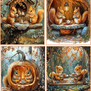May include: A collage of four whimsical illustrations featuring squirrels enjoying tea parties. One scene shows squirrels at a birdhouse, another in a cave, a third inside a pumpkin, and the last on a swing. The artwork has a warm, autumnal color palette.