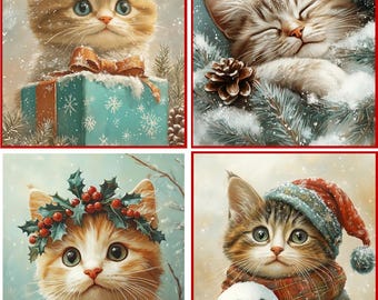 8 Christmas Cat Kitten Vintage Victorian glossy blank fold out Christmas Card with red envelopes set 1