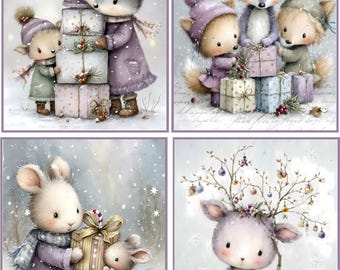 8 assorted Christmas whimsical woodland animals glossy blank folded card set 3