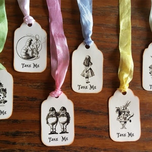 Alice in Wonderland Eat Me, Drink Me, Take Me, Open Me 12 party tags vintage inspired ribbon image 4