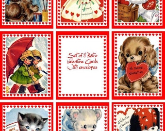 Vintage retro Valentine 8 cards with envelopes