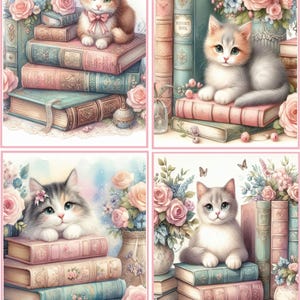 May include: Four framed images featuring adorable kittens perched on stacks of vintage books. Each kitten is surrounded by pastel-colored roses and floral arrangements. The books are in shades of pink, blue, and green, creating a whimsical, romantic aesthetic.