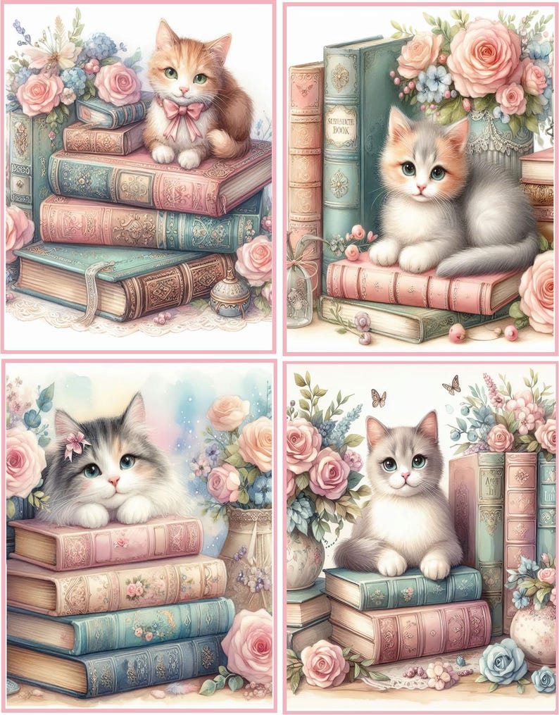 May include: Four framed images featuring adorable kittens perched on stacks of vintage books. Each kitten is surrounded by pastel-colored roses and floral arrangements. The books are in shades of pink, blue, and green, creating a whimsical, romantic aesthetic.