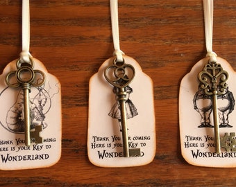 Alice in Wonderland 12 party tags with brass keys wedding, shower, party