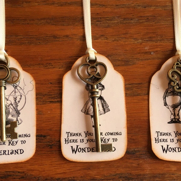 Alice in Wonderland 12 party tags with brass keys wedding, shower, party