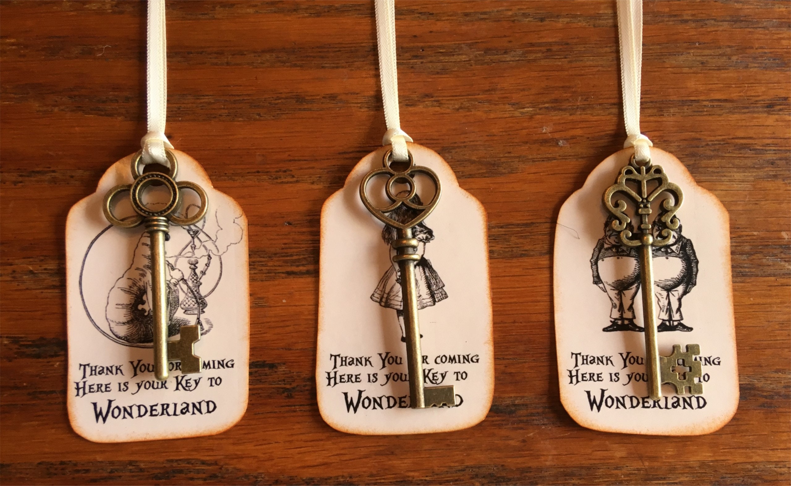 Alice in Wonderland 12 party tags with brass keys wedding, shower, party