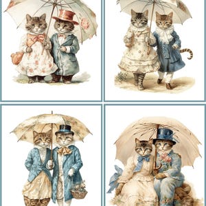 8 Cat Kitten Vintage Victorian Valentine couples umbrella fold out blank glossy card with envelopes
