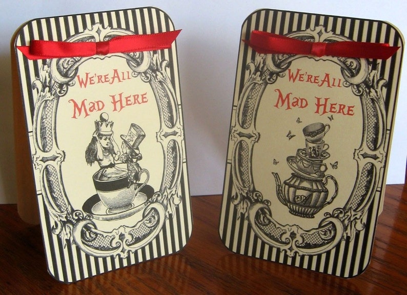 Alice in Wonderland Mad Hatter tea party tent table cards party decoration set of 8 silk ribbons
