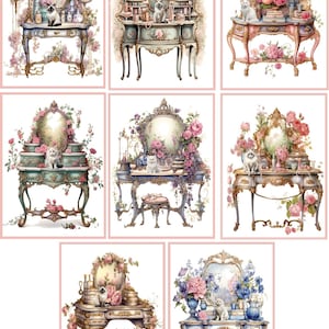 May include: Six vintage-style vanity tables with ornate details, each featuring a mirror, drawers, and a small cat figurine. The tables are decorated with flowers and have a whimsical, feminine aesthetic.