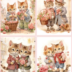 8 Valentine Cats Kittens Couples Love roses Vintage Victorian  fold out glossy blank card with envelopes