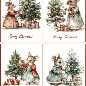 8 Christmas Mouse Mice Tree Presents glossy blank cards red envelopes