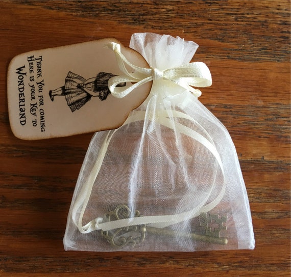 Alice in Wonderland 6 party favors key to wonderland necklace with organza bag