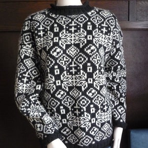 Vintage 80s Club Monaco sweater, black off-white wool, funky geometric design pullover, chunky knit image 1