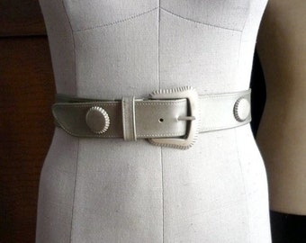 Vintage bottle cap style belt / metallic taupe colour / Karen Palmer for Chameleon 33.75" -34.75" size large