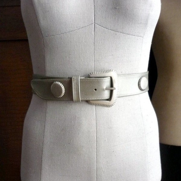 Vintage bottle cap style belt / metallic taupe colour / Karen Palmer for Chameleon 33.75" -34.75" size large