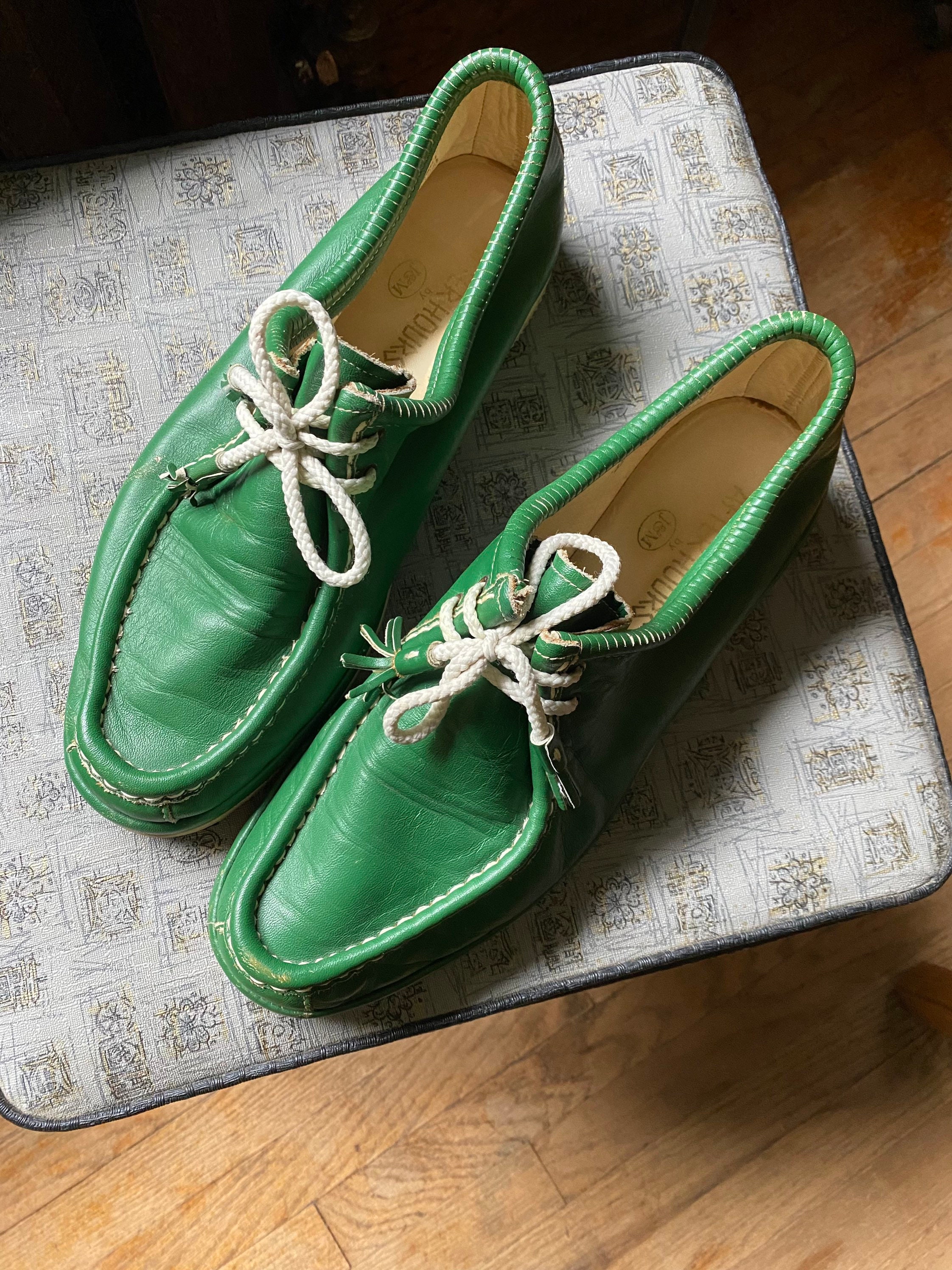 Green Leather Shoes Vintage Vtg Lace up Loafers Womens Mens