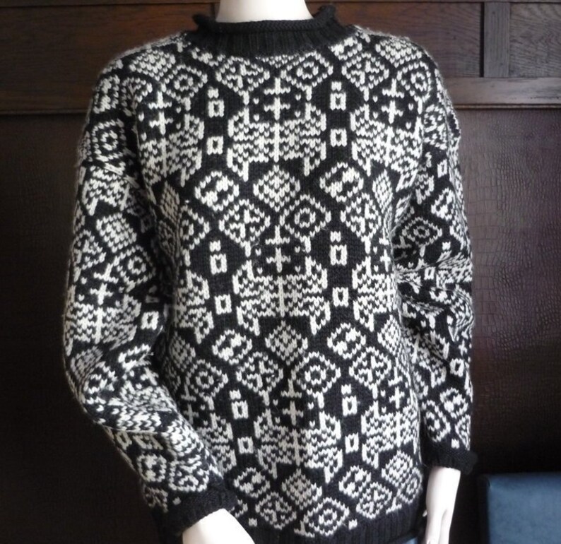 Vintage 80s Club Monaco sweater, black off-white wool, funky geometric design pullover, chunky knit image 1