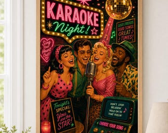 Retro Karaoke Night Print, Colorful Music Wall Art, Fun Home Bar Decoration, Great Gift for Singers, Digital Download Artwork