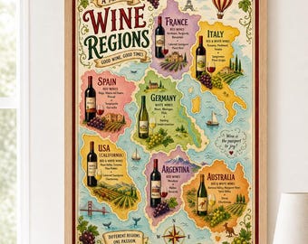 Fun Wine Regions Illustration, Colorful Wall Art for Wine Lovers, Perfect Kitchen Decor, Digital Download for Wine Connoisseurs, Unique