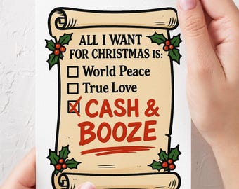 印刷可能な面白いクリスマスカード、現金と酒のウィッシュリスト（デジタルダウンロード）