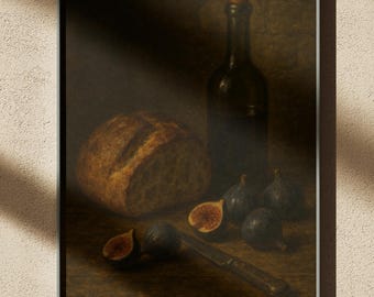 Humeurig stilleven-olieverfschilderij, brood en vijgen (digitale download)